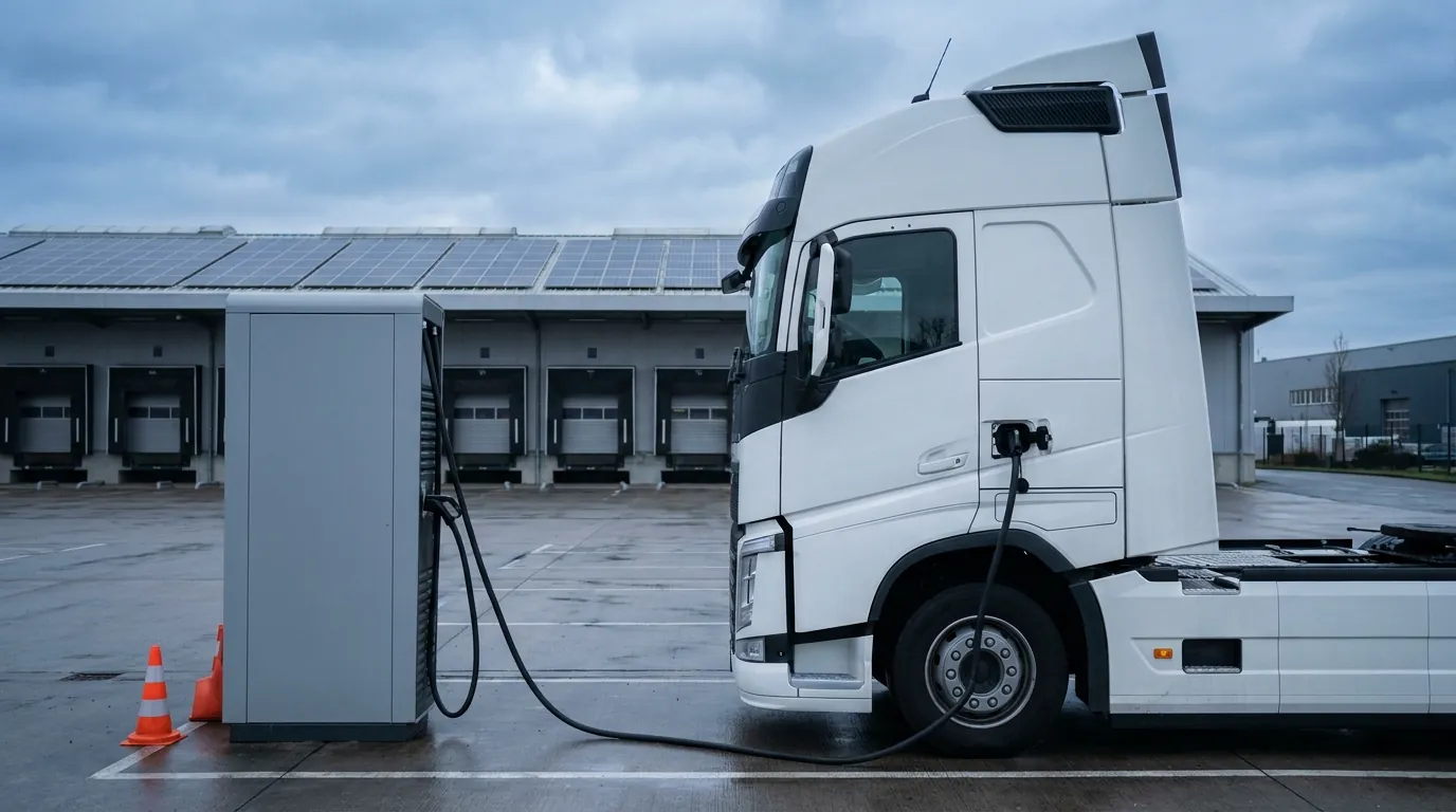 Elektrischer Lkw an einer Ladesäule im Logistikhof
