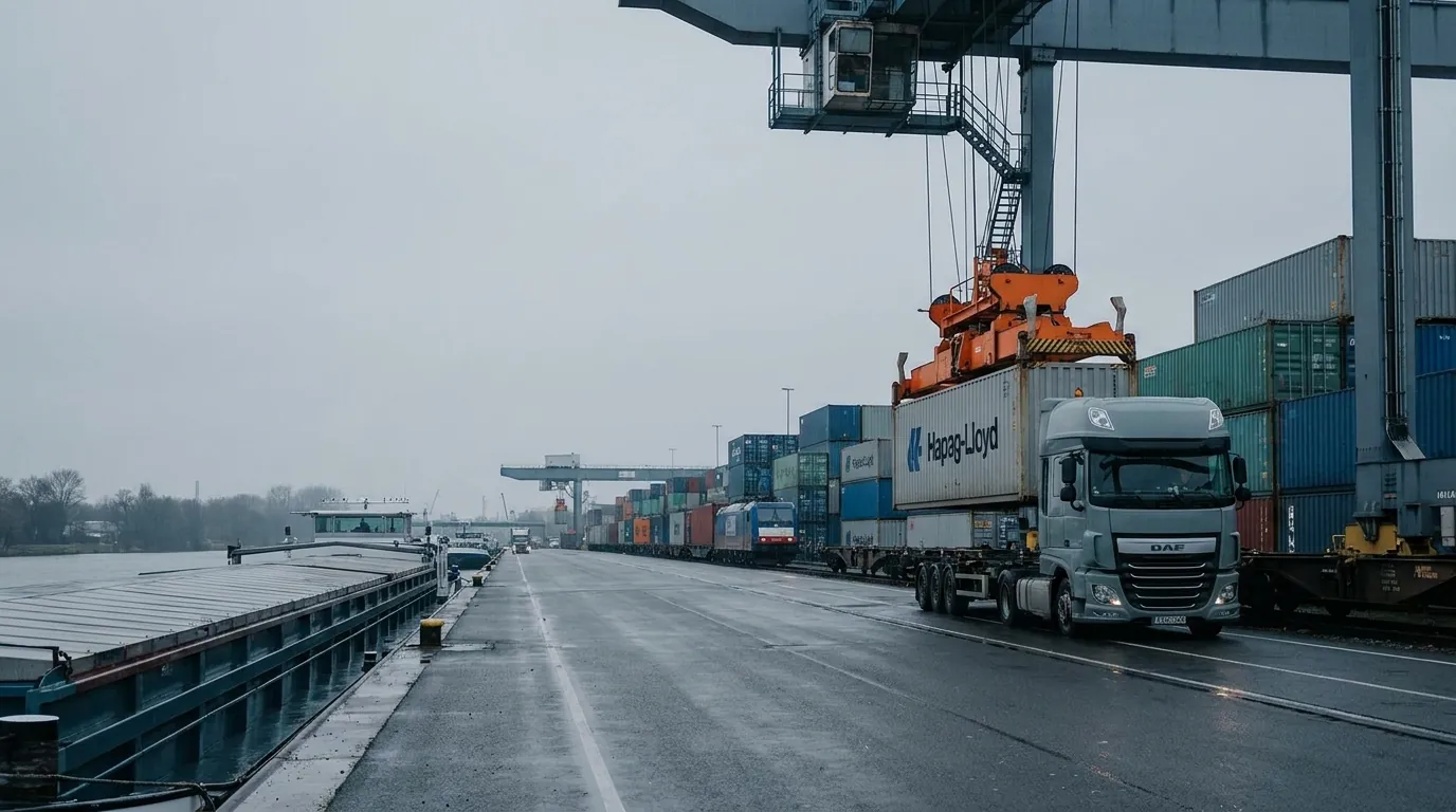 Containerterminal am Rhein in Duisburg mit Portalkran
