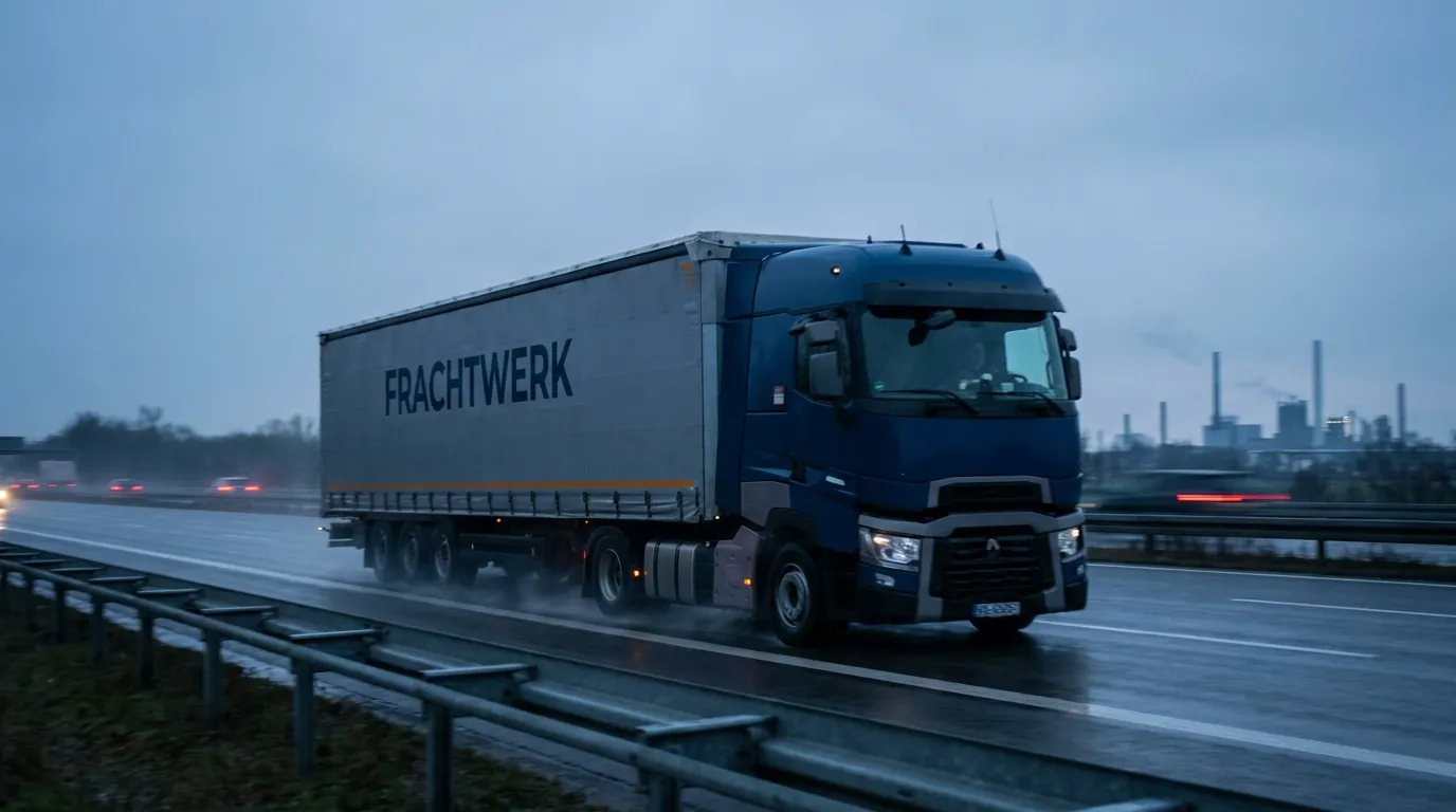 Sattelzug von FRACHTWERK auf der Autobahn in der blauen Stunde