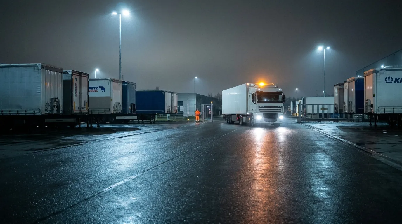 Depot bei Nacht, ein Fahrzeug rangiert an das Tor