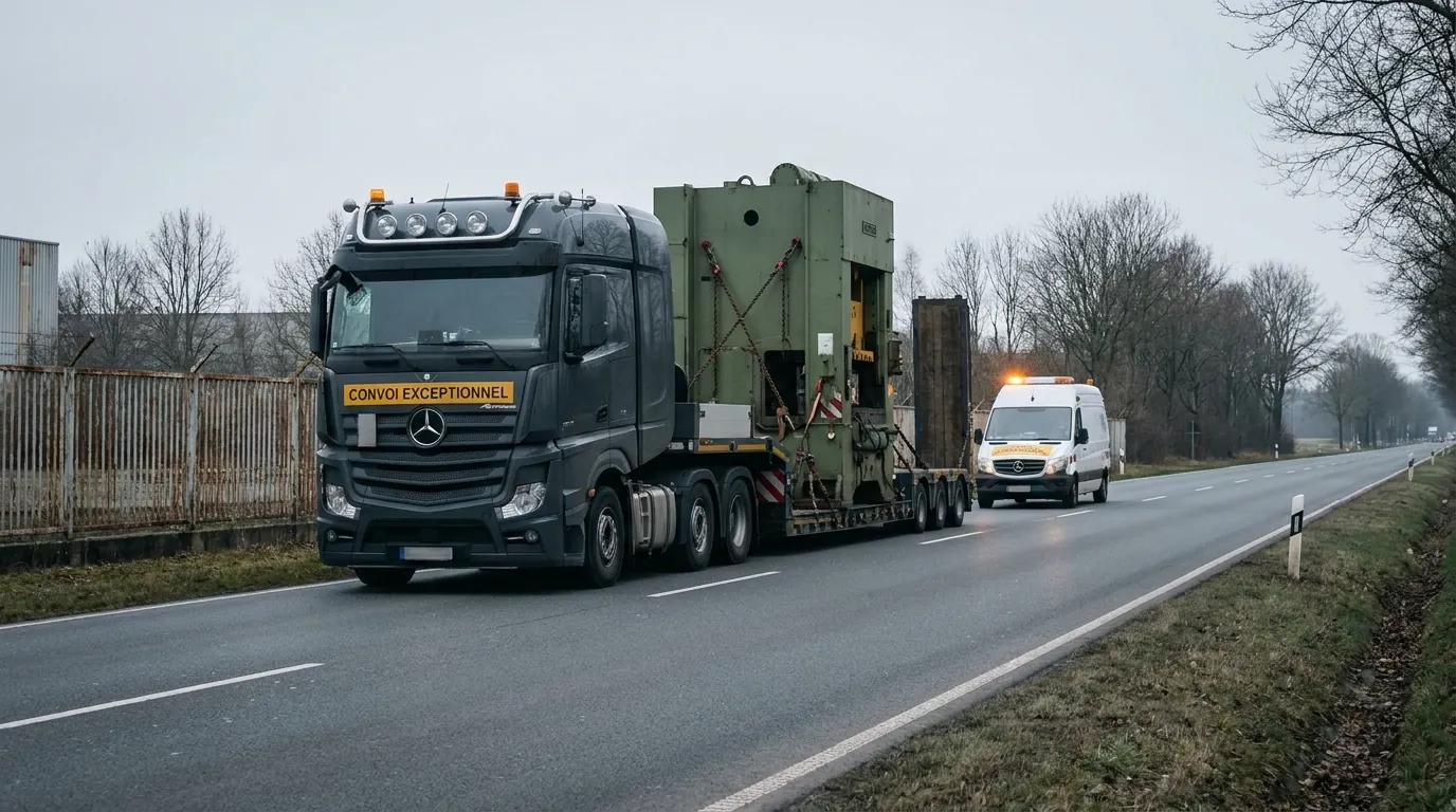 Tieflader mit Industriemaschine, Begleitfahrzeug mit Rundumleuchte