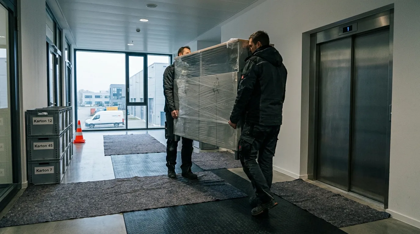 Zwei Umzugshelfer tragen einen verpackten Schrank durch einen B&uuml;roflur