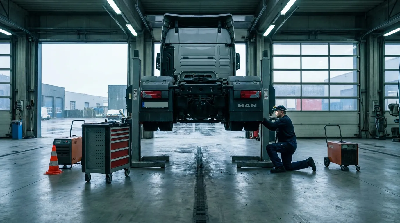 Werkstatt mit angehobener Zugmaschine
